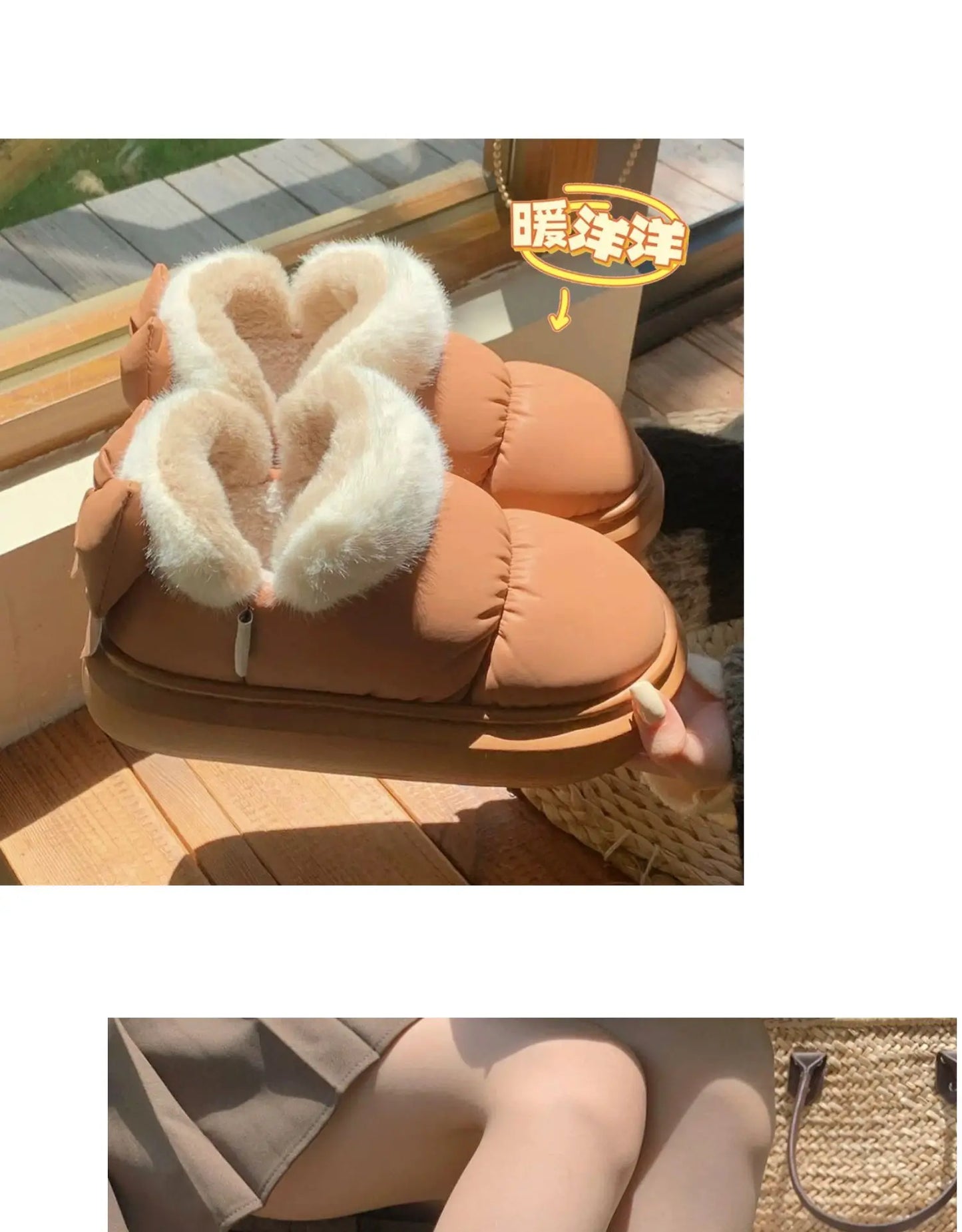 Bow Knot Short Ankle Snow Boots Women Winter Plush And Thick Insulation Waterproof PU Cotton Household Shoes Home Slipper Women