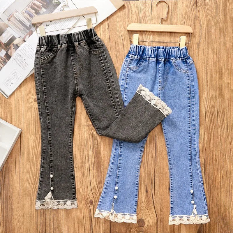 2-12 Year Old Girls Jeans Fashion Lace Elastic Denim Flared Pants Spring Autumn Solid Color Trousers Teenager Kids Girl Clothing