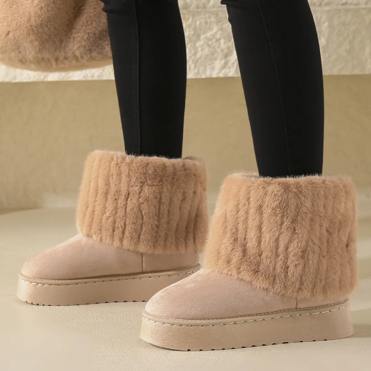 Shoes for Women Winter Slip on Women's Boots Black Round Toe Solid Flock Plush Warm Mid Heel Water Proof Casual Snow Boots Women