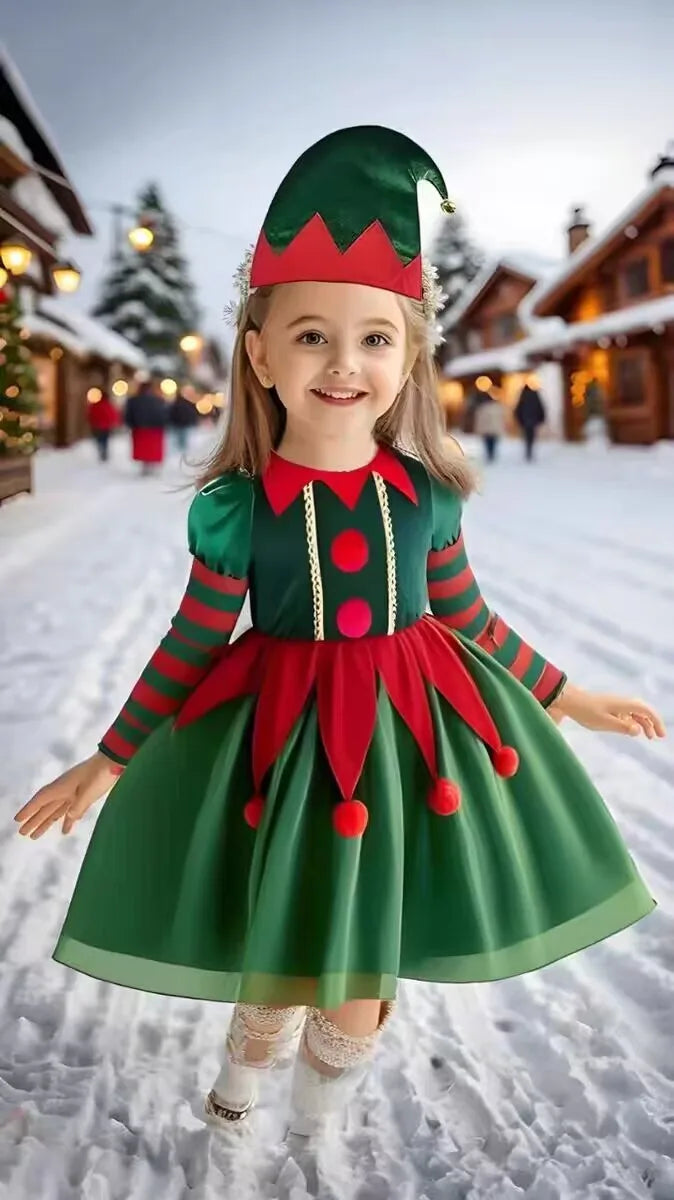 Déguisements de lutin de Noël pour filles et maman, ensemble deux pièces assorti (robe, chapeau, chaussettes, chaussures et ceinture). Cadeau idéal pour les fêtes.