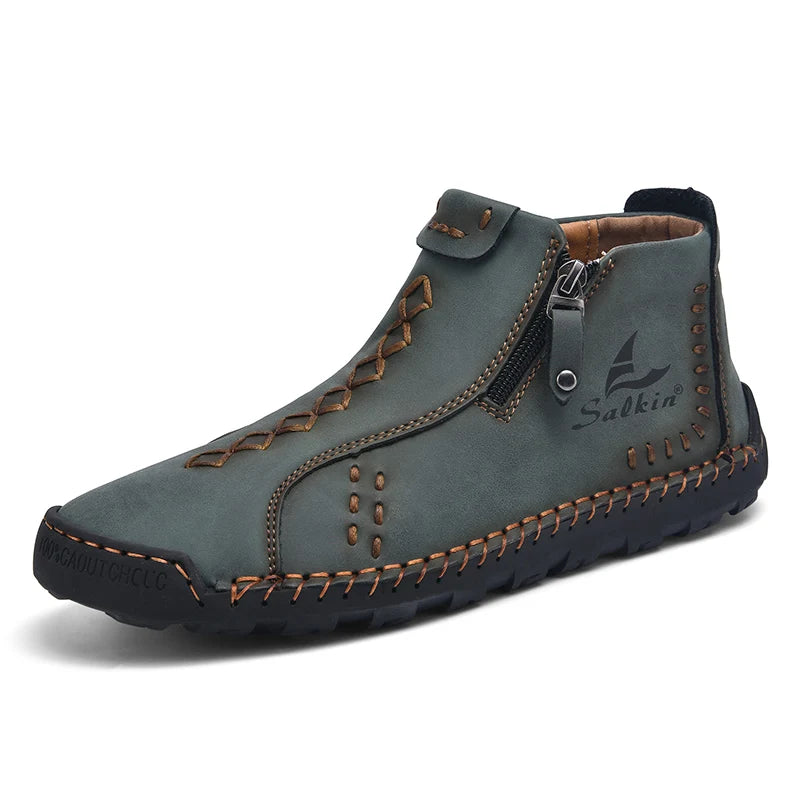 Nuevas botas de invierno hechas a mano en piel para hombre, con diseño de cremallera, transpirables, informales, de piel, botines para hombre, para exteriores