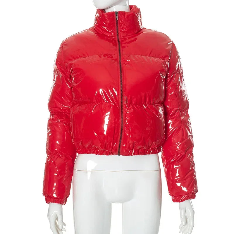 European and American Solid Color Mirror Pu Leather Down Jacket, Womens' Winter New Short Zippered Stand-up Collar Padded Jacket