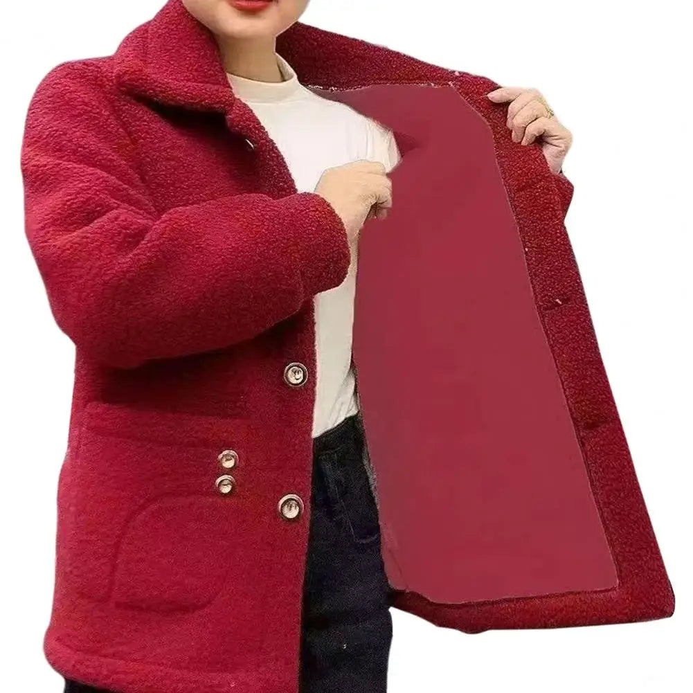 Winter Fleece Coat Thickened Single-breasted with Side Pockets Turn-down Collar Coldproof Solid Color Long Sleeves Outwear Jacke