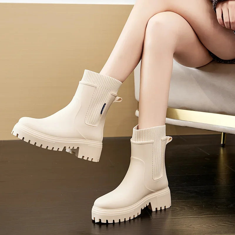 Rain boots women's four seasons fashion outdoor mid-tube waterproof non-slip rubber shoes fashion rain boots with cotton cover