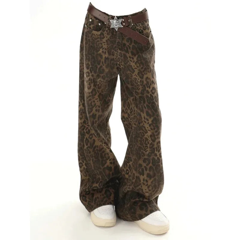 Baggy Leopard Jeans Coquette y2k clothes Women High Waisted Casual Wide Leg Denim Pants Fashion Streetwear Retro Straight Jeans