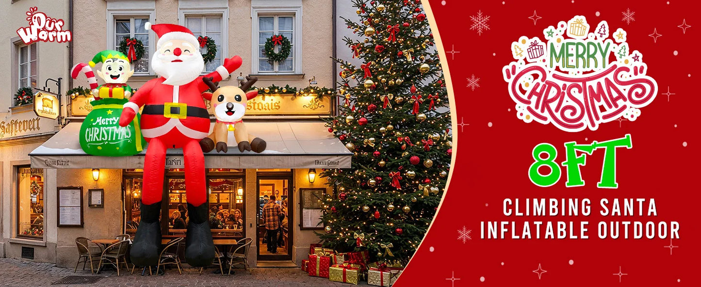 Decoraciones navideñas inflables para exteriores OurWarm de 2.4 metros (8 pies): Papá Noel sentado con elfos y renos, ideal para fiestas navideñas en el jardín o patio.