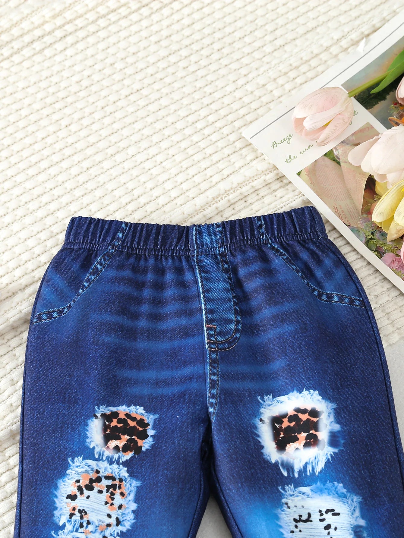 Directional Development of Girls' Daily Casual Street Style Hole Printed Elastic Waist Splicing Flared Pants Spring & Fall Style