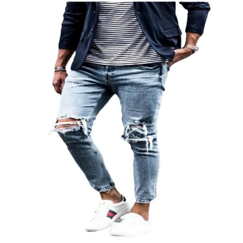 Pantalones vaqueros desgastados para hombre, de otoño, ajustados y adelgazantes, nuevos pantalones elásticos, pantalones de pierna pequeña para hombre.