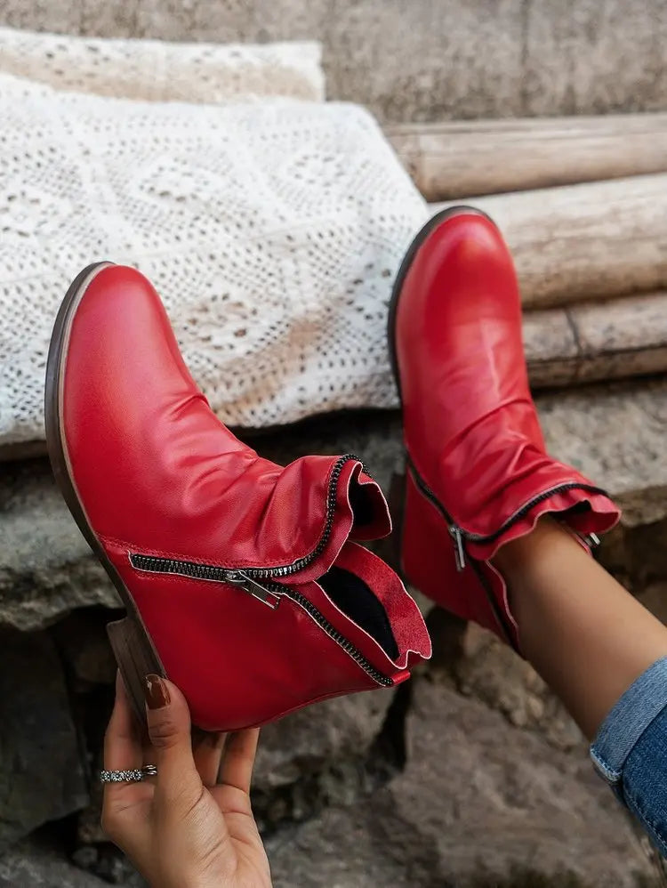 Botas cortas con cremallera de doble cara y tacón cuadrado redondo de estilo europeo y americano para mujer, talla grande, otoño/invierno