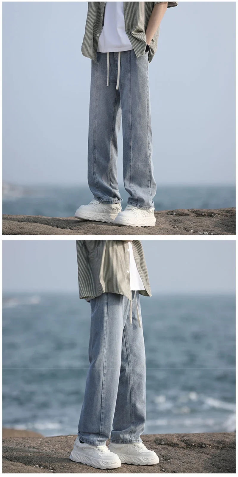 New Korean Fashion Baggy Jeans For Men Classic Drawstring Straight Denim Pants Y2K Vintage Jean Streetwear Wide-leg Trousers