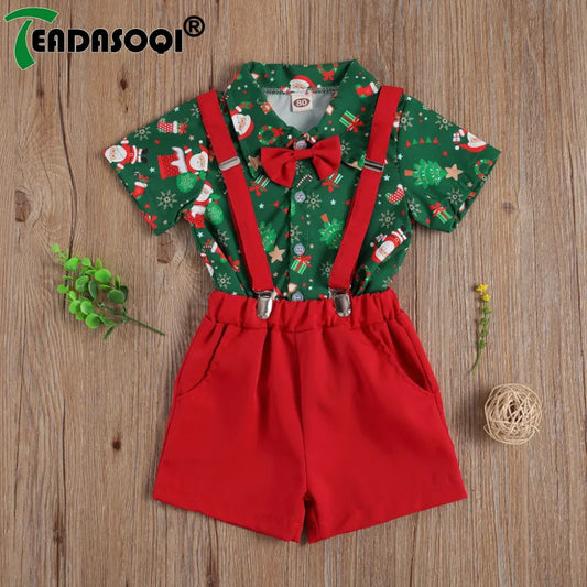 1-6Y Child Baby Boys Clothing Christmas Outfits For Kids Short Sleeve Gentleman Shirt with Bow Tie+Braces Suspenders Shorts Set