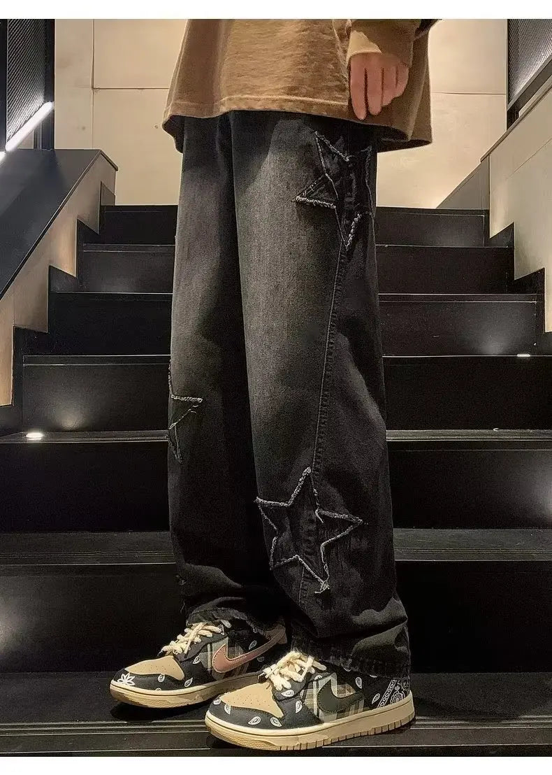 Pantalones vaqueros rectos informales con bordado de estrellas para hombre, estilo gótico, neutros, nuevos, holgados, de pierna ancha, estilo hip-hop, estilo urbano, pantalones vaqueros Y2K para hombre