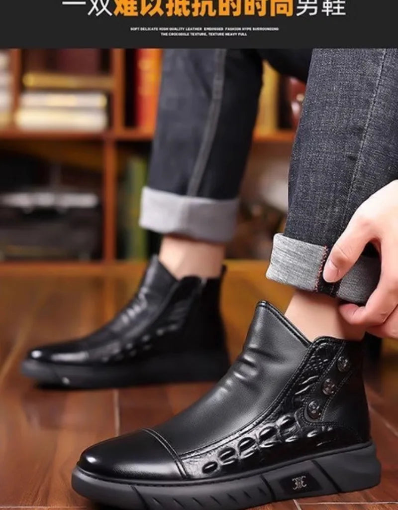 Botas de lujo para hombre, botas de plataforma altas de moda, botas clásicas de cuero para uso casual de negocios, botas de invierno de algodón cálido y afelpado para hombre