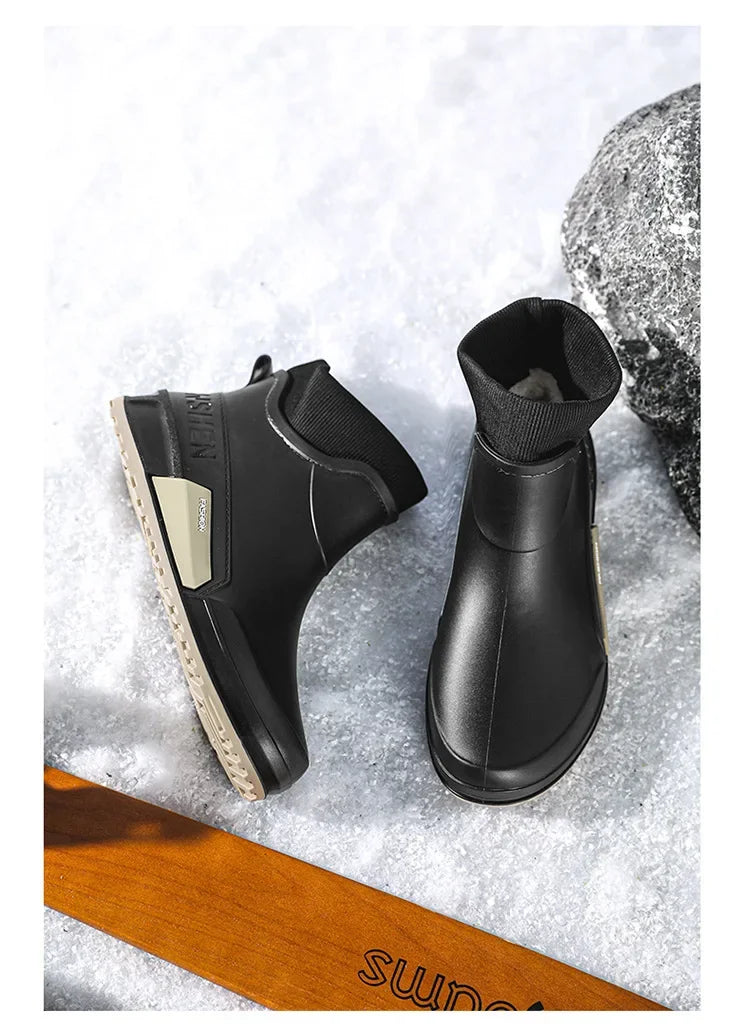 Waterproof Ankle Rain Boots for Men Chef Kitchen Fleece-lined Man Shoes Work Fashion Rainy Day Non-slip Garden Fishing Wellies