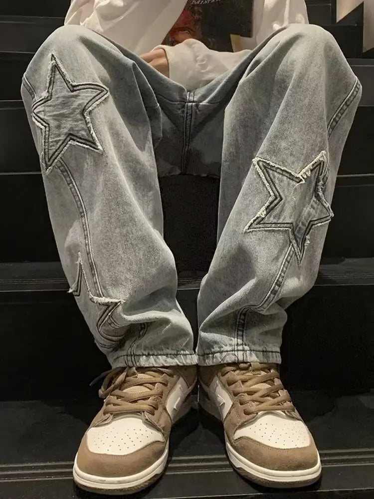 Pantalones vaqueros rectos informales con bordado de estrellas para hombre, estilo gótico, neutros, nuevos, holgados, de pierna ancha, estilo hip-hop, estilo urbano, pantalones vaqueros Y2K para hombre