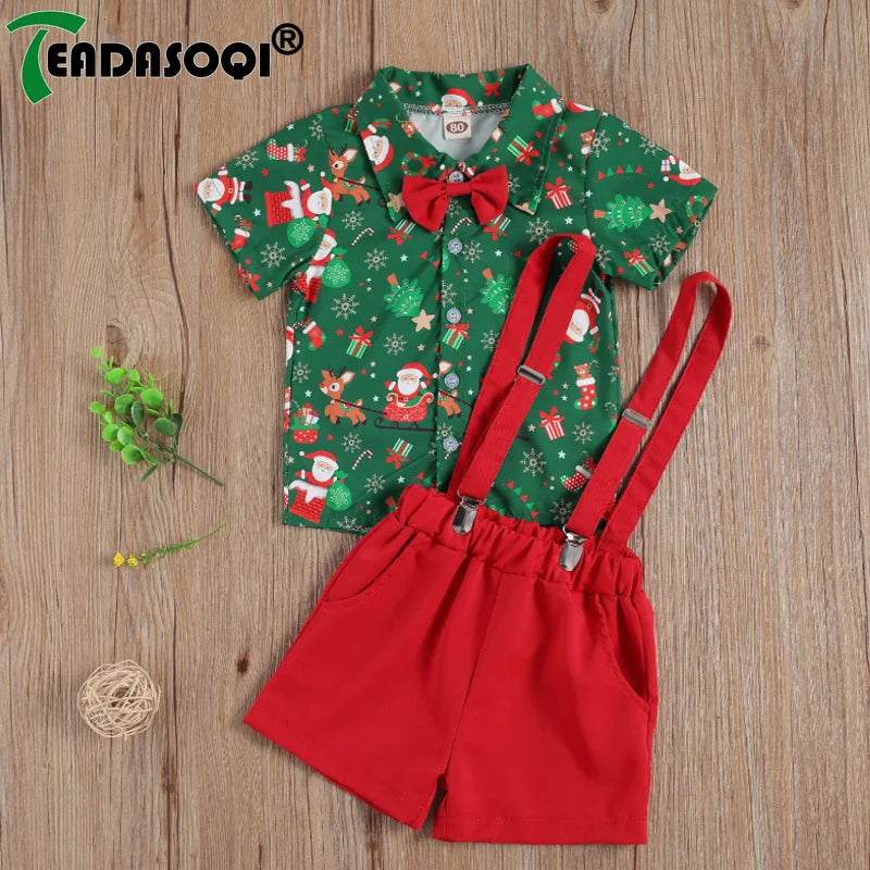 Ensemble de Noël pour bébé garçon de 1 à 6 ans : chemise à manches courtes avec nœud papillon et bretelles, short assorti.