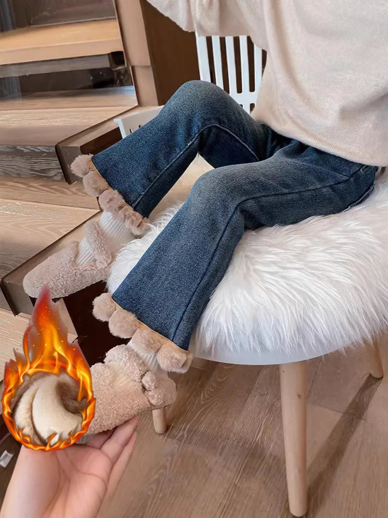 Pantalones vaqueros acampanados con forro polar para niñas, cálidos, con dobladillo desgastado, para invierno, de 1 a 6 años, a la moda, informales