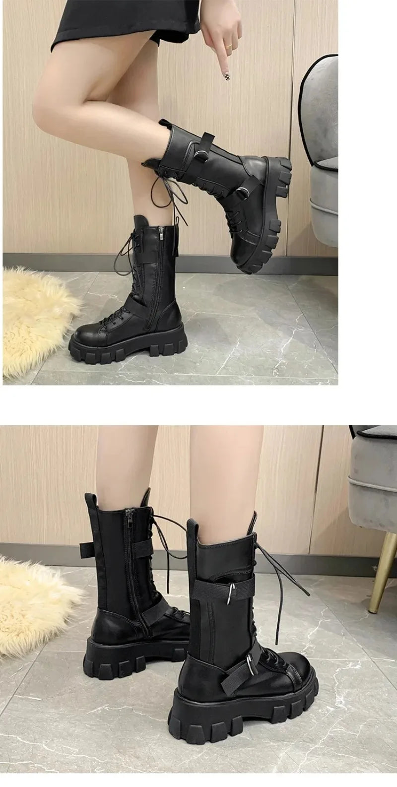 Women's Mid-Calf Boots High Quality Casual Leather Boots Fashion Motorcycle Booties Designer Belt Buckle Knight Boots for Women