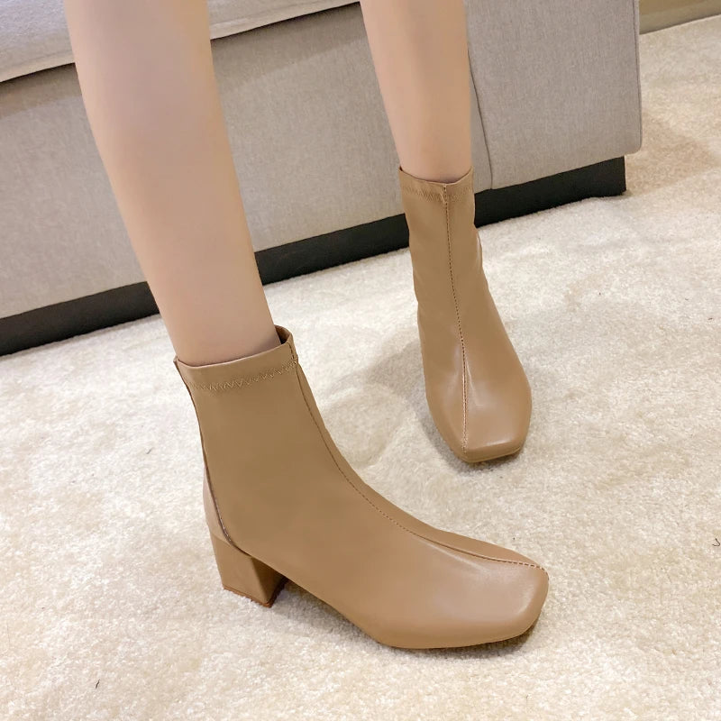 Casual Women's Thick Heel Medium Heel Boots Women's New Winter Square Toe Back Zipper Heightening Short Boots