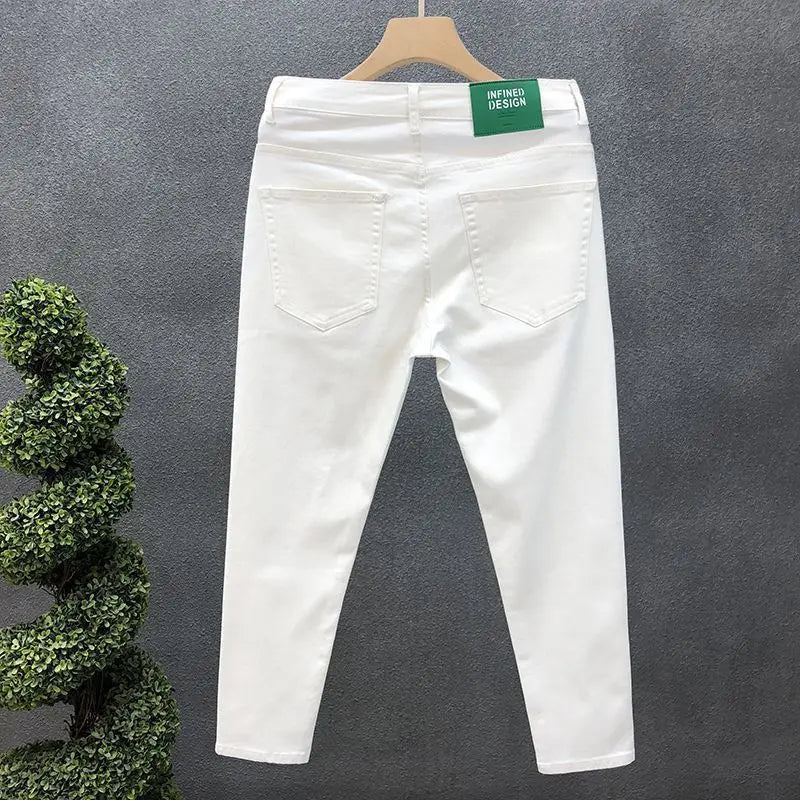 Fashion Luxury Designer Men's White Black Jeans Slim Fit Korean Style Stretch Denim Pants for Summer  Stretch  Skinny Jeans Male