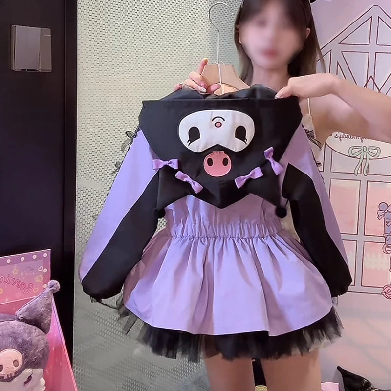 Kuromi Kawaii Kids Girls Jacket Autumn New Cartoon Cinnamoroll Fashion Outdoor Hooded Embroidery Jacket Retract Waist Jackets