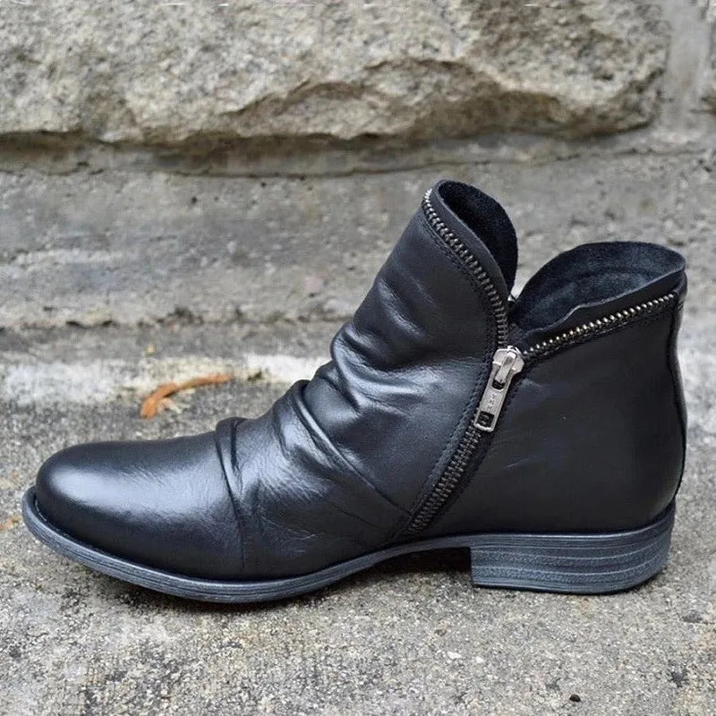 Botas cortas con cremallera de doble cara y tacón cuadrado redondo de estilo europeo y americano para mujer, talla grande, otoño/invierno