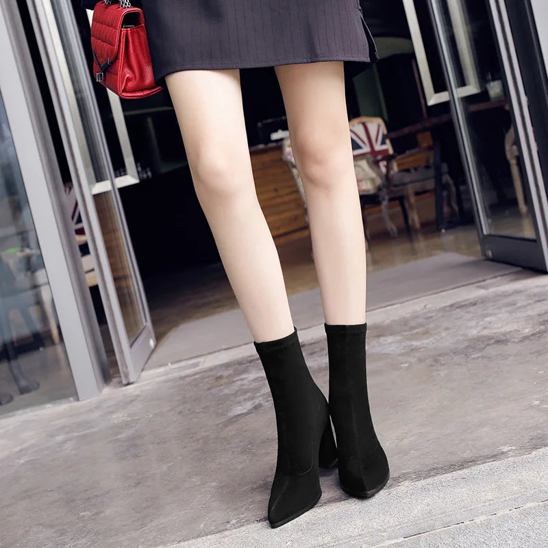 Ankle Chunky High Heel Sock Chelsea Boots Women Autumn Fashion Pointed Frosted Suede Short Boots Female Pumps Sexy Warm Boots