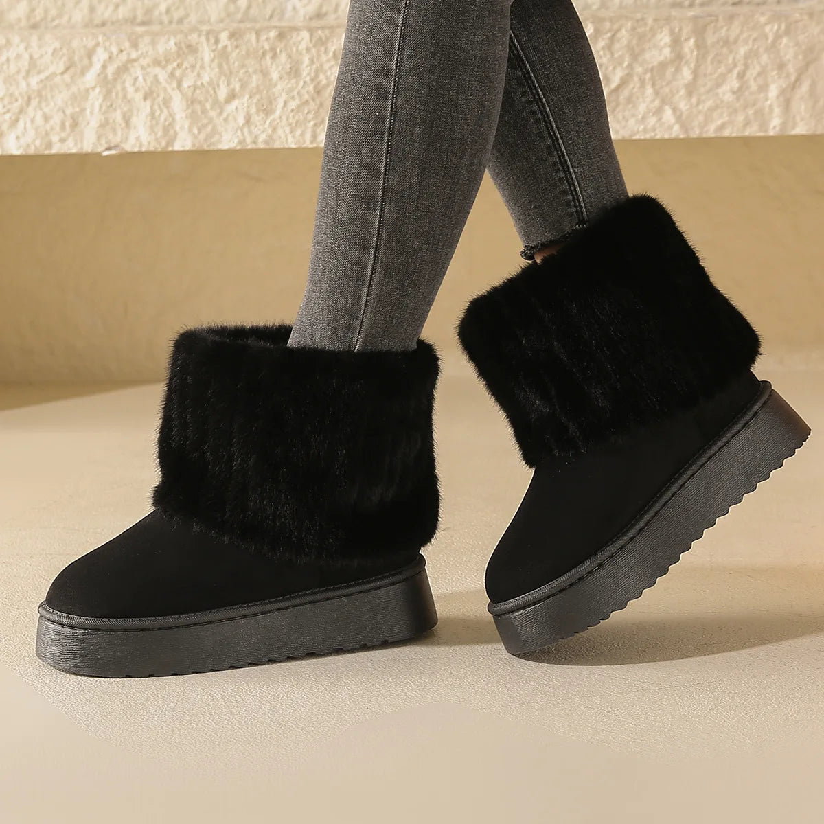Shoes for Women Winter Slip on Women's Boots Black Round Toe Solid Flock Plush Warm Mid Heel Water Proof Casual Snow Boots Women