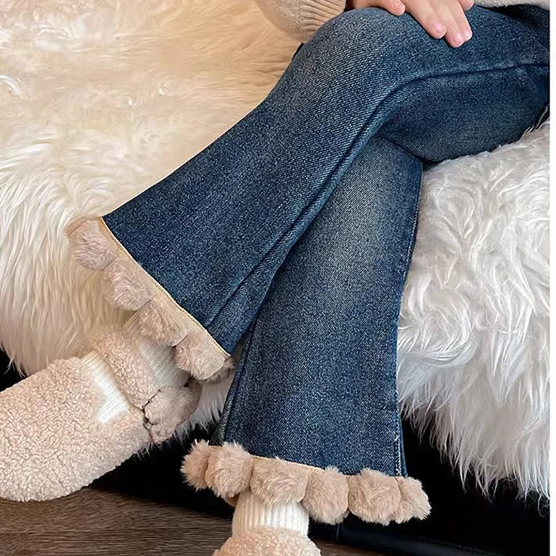 Pantalones vaqueros acampanados con forro polar para niñas, cálidos, con dobladillo desgastado, para invierno, de 1 a 6 años, a la moda, informales