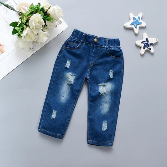 Children's Jeans Baby Girl's Fashion Pants with Holes Cute Children's Soft Denim Casual Pants