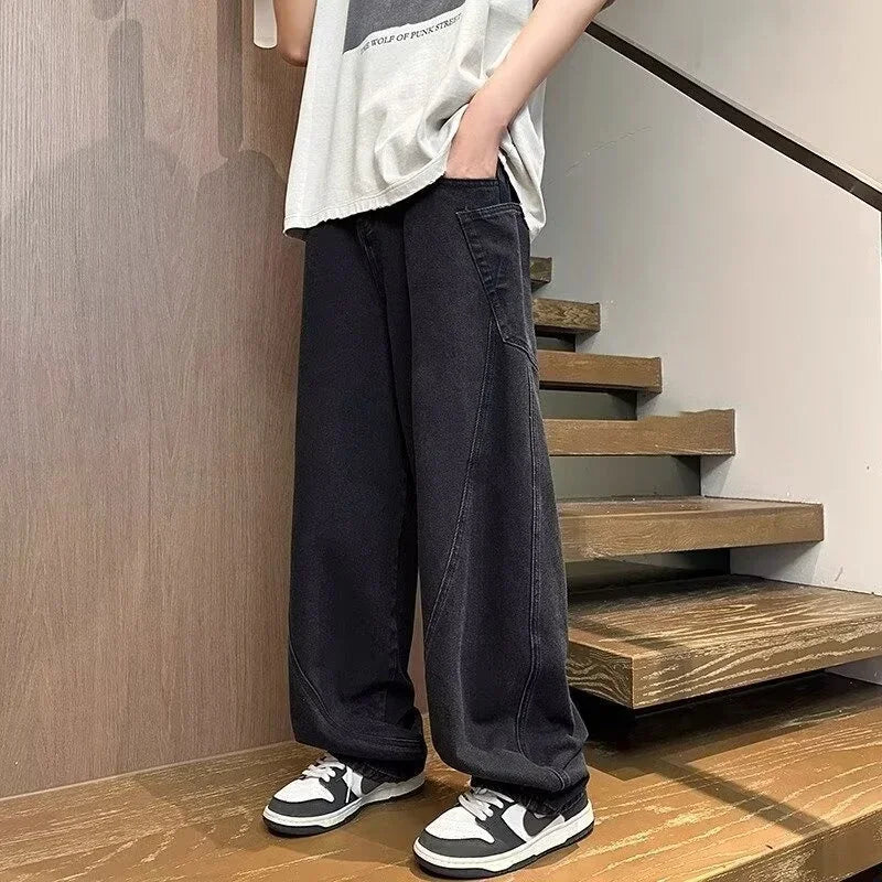 New Vintage Men‘s Patchwork Baggy Jeans Draped Straight-leg Denim Trousers Autumn Korean Fashion High Street Casual Y2K Jean