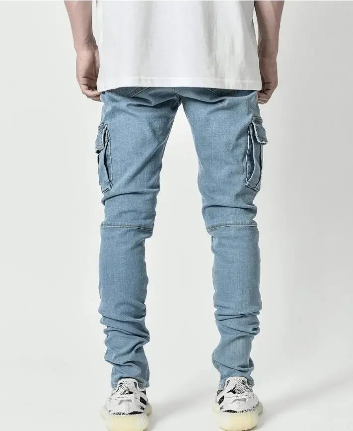 Street Elastic Jeans Men Denim Cargo Pants Wash Solid Color Multi Pockets Casual Mid Waist Trousers Slim Fit Daily Wear Joggers