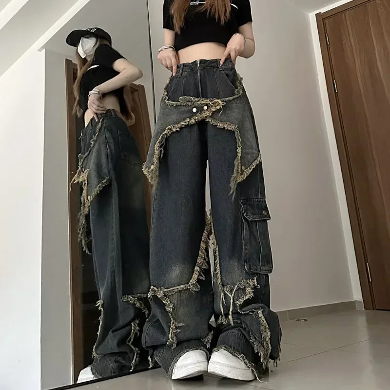 Pantalones vaqueros de estilo retro americano con borlas y costuras de estrella para mujer, pantalones holgados de pierna ancha, pantalones punk Y2K de moda
