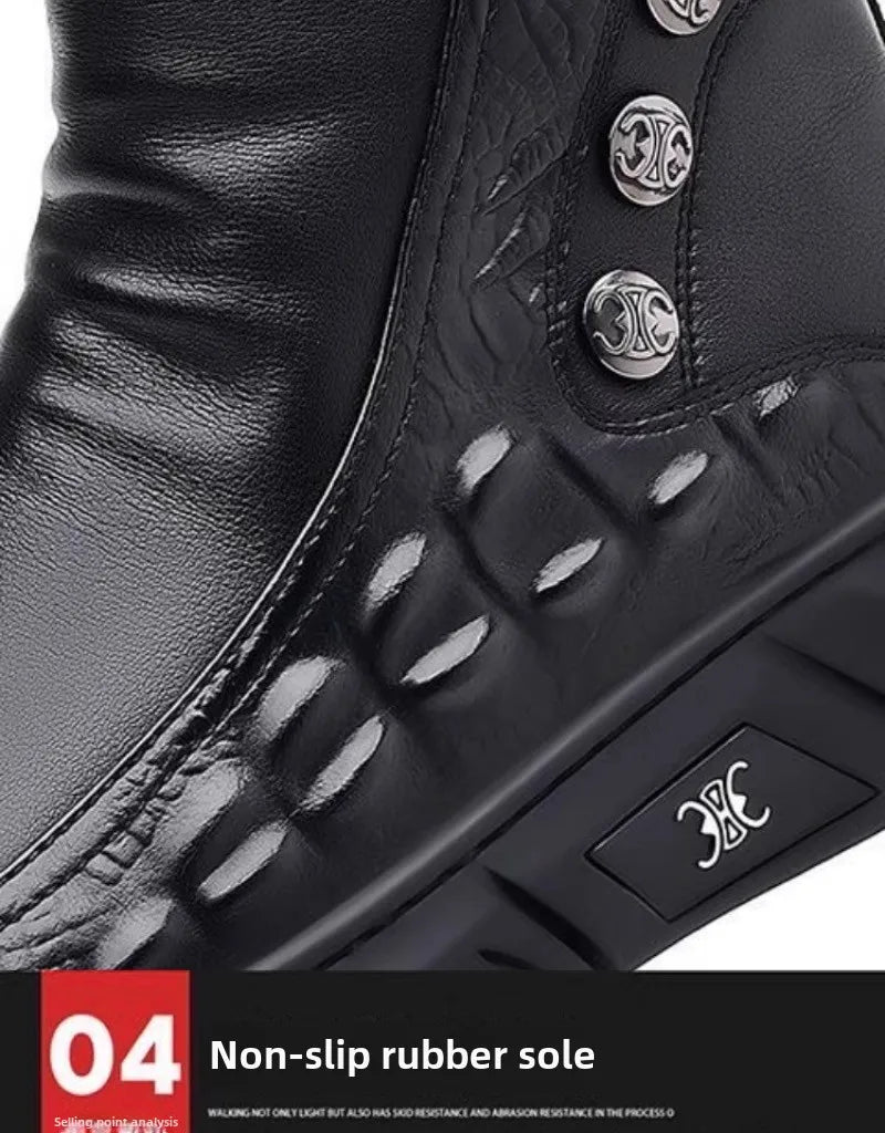 Botas de lujo para hombre, botas de plataforma altas de moda, botas clásicas de cuero para uso casual de negocios, botas de invierno de algodón cálido y afelpado para hombre