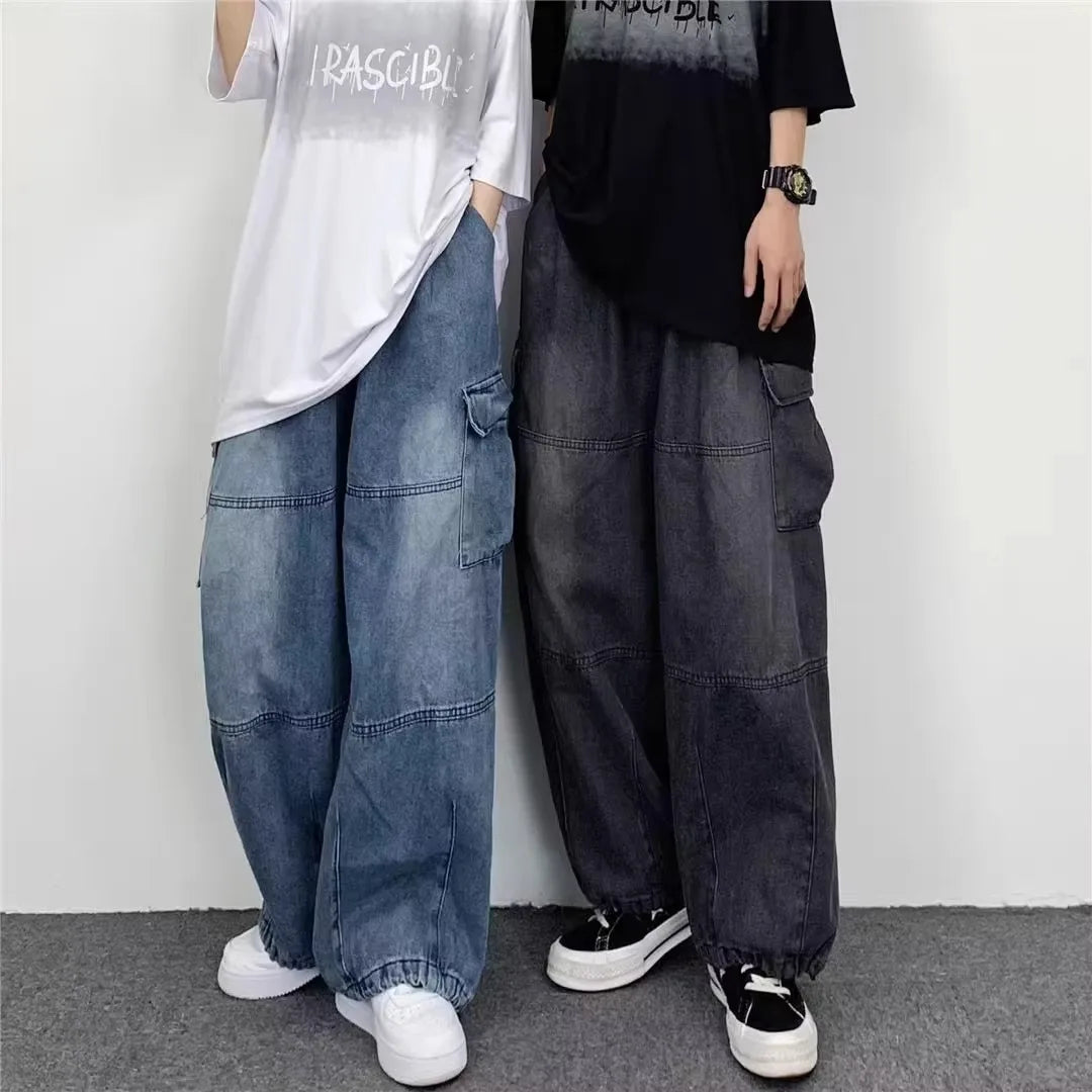 Men Denim Jeans Wide Leg Pants Cargo Long Pant Splice High Waist Loose Casual Button Pocket Straight Trousers Autumn Winter
