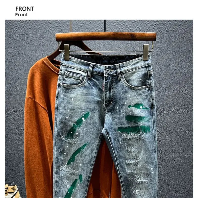 Trendy Jeans Men's Slim Fit Autumn 2024 New Style Ripped Punk Denim Pants Versatile Stretchy Little Shorts For Men