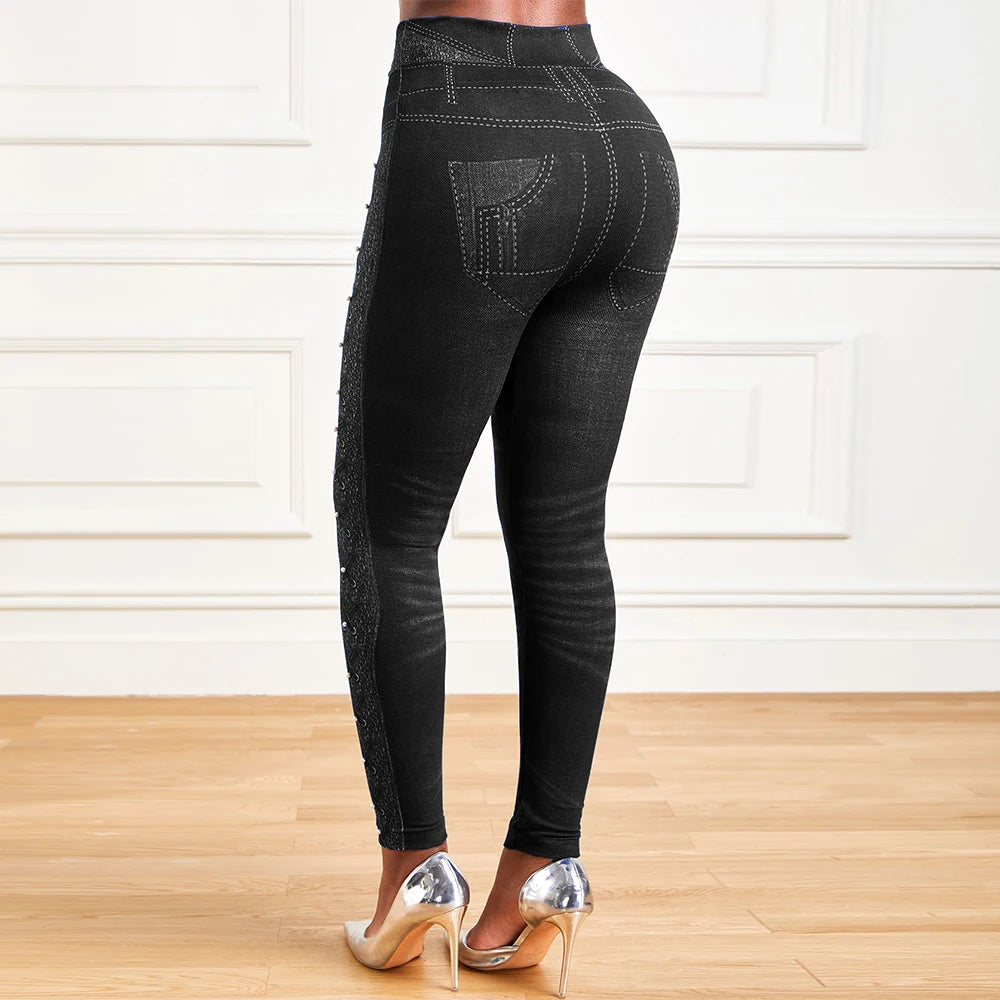 M XXL Faux Denim Leggings Women Clothing Summer High Waist Jeans Oversized Basics Pants Female Casual Slim Trousers