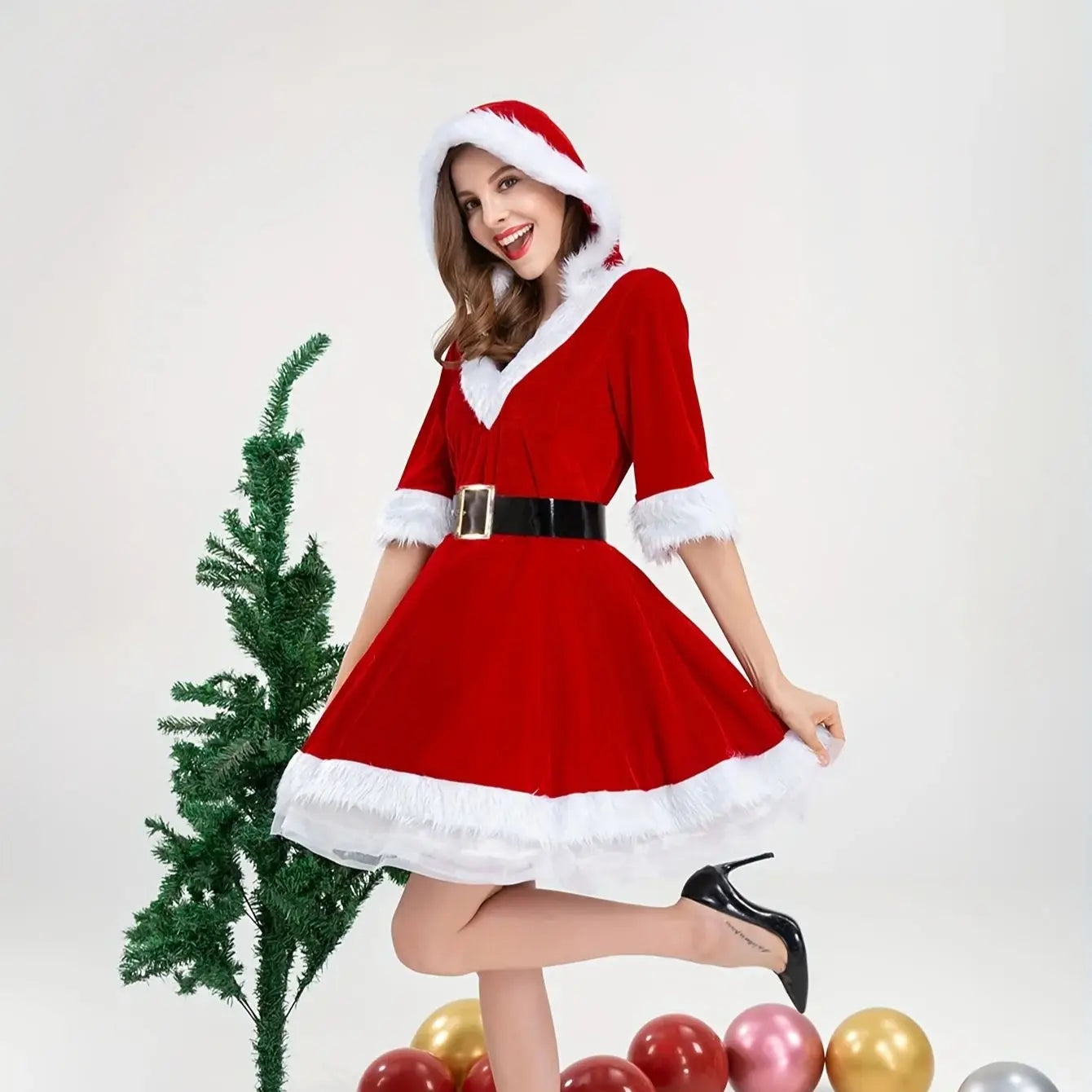 Women Christmas Suit Costumes Adults Lady Slim Fit Hooded Sexy Velvet Female Santa Claus Cosplay Xmas Party Fancy Dress Cosplay