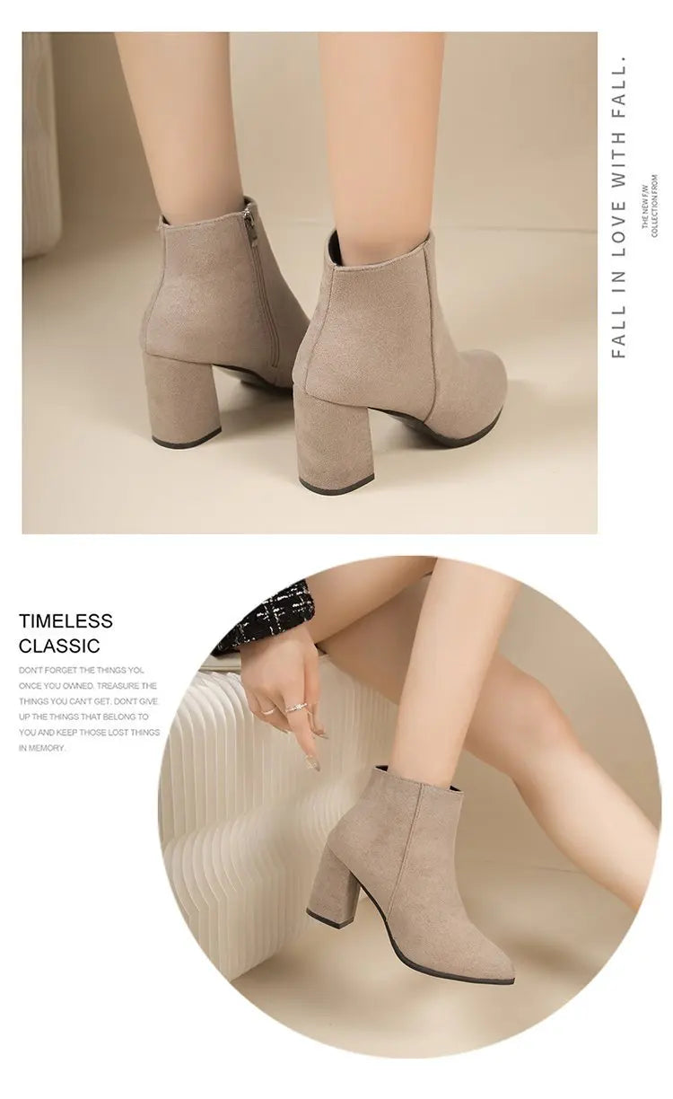Nuevas botas sencillas de tacón cuadrado con cremallera lateral y tacón alto de ante puntiagudo para mujer.