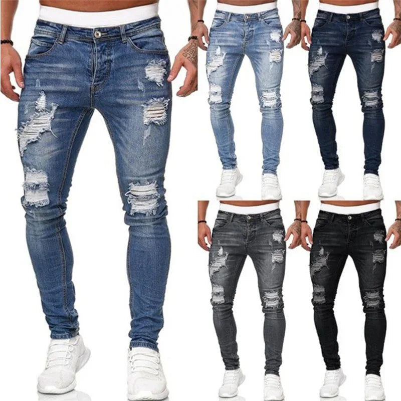 2025 New Fashion Street Style Ripped Skinny Jeans Men Vintage wash Solid Denim Trouser Mens Casual Slim fit pencil denim Pants
