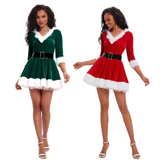 Disfraz de Papá Noel para mujer, manga corta, color liso, estilo navideño, ideal para cosplay. Incluye cinturón.