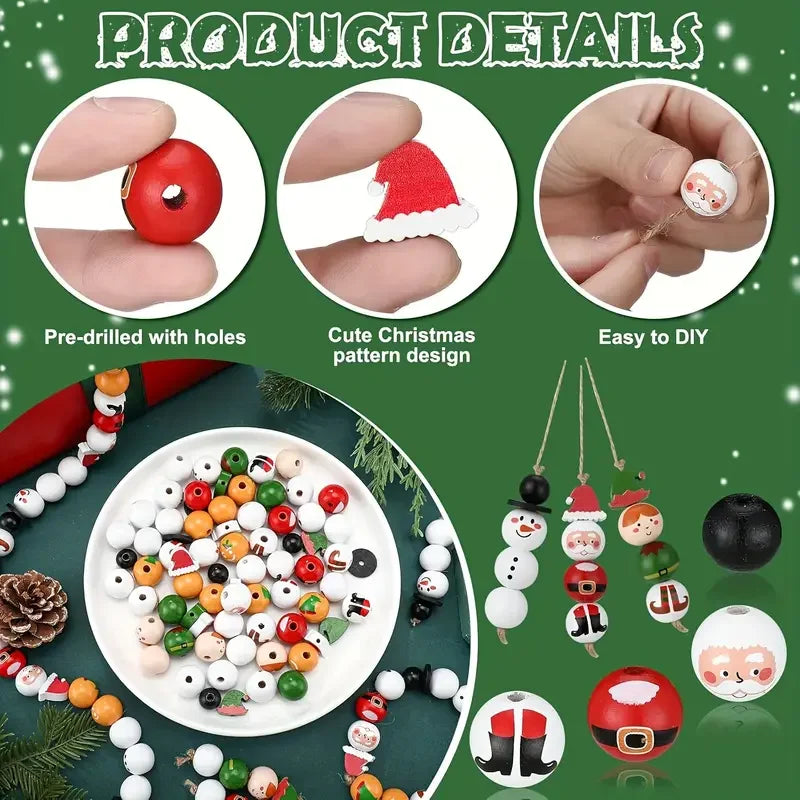 45PCS/75PCS/150PCS Santa Claus Gingerbread Man Snowman Elf Series Christmas Themed Wooden Bead Set, Holiday Party Decorations
