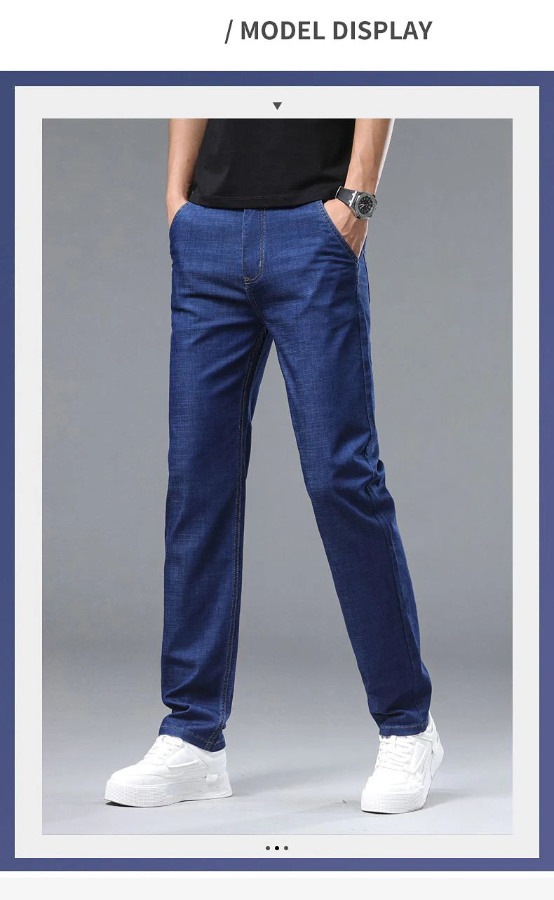 Spring Summer Business Jeans Men Light Blue Casual Straight Stretch Fashion Classic Work Denim Trousers Brand Clothing