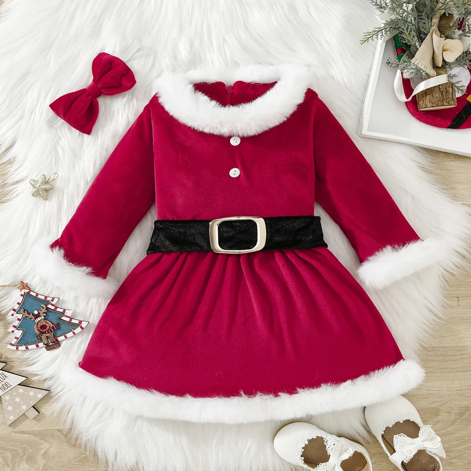 Children Christmas Party Dress Velvety with Fluffy Trim Hooded V-Neck Xmas Gown with Waist Bow Girl Red Christmas Dress
