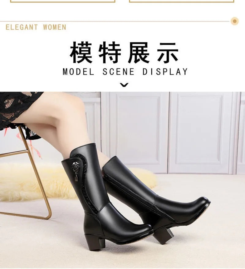 Winter Women's Boots Plush Warm Snow Boots Fashion Mid-calf High Heel Boots for Women High-quality Leather Boot Botas Mujer