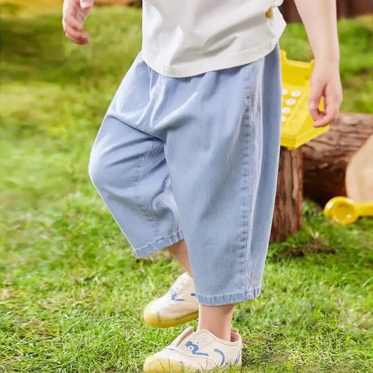 Pantalones vaqueros para niños, pantalones vaqueros para niños, pantalones vaqueros sencillos de verano a la moda para bebés, pantalones vaqueros casuales lavados con cintura elástica