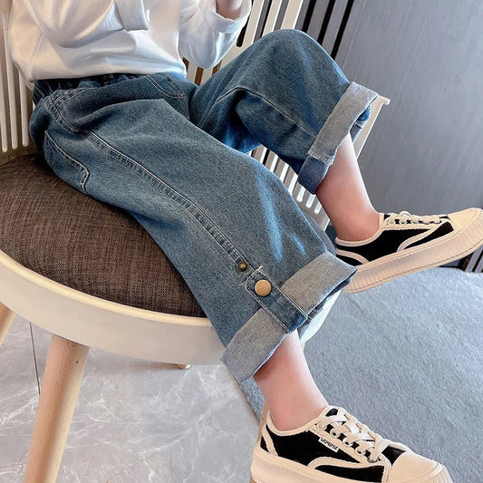 2025 New Autumn Girls Jeans 2-7T Kids Straight Trousers Pants Hem Closure Button Trendy Boys Loose denim Pants