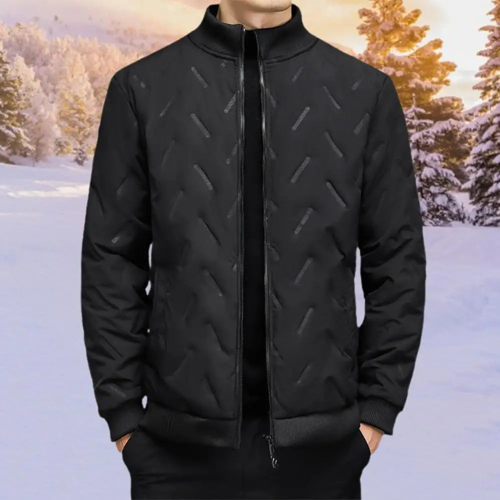 Embossed Lines Jacket Men Jacket Men's Embossed Lines Lapel Jacket with Zipper Pockets Elastic Hem Plush Lining Coat for Warmth