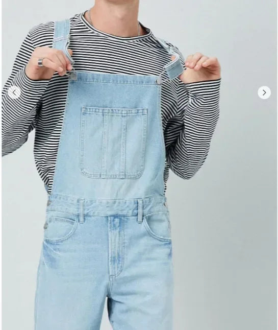 Men Street Denim Suspenders Pants 2025 Straight Long Jeans Male Splicing Pockets Denim Trousers Vintage Washed Overalls Jumpsuit