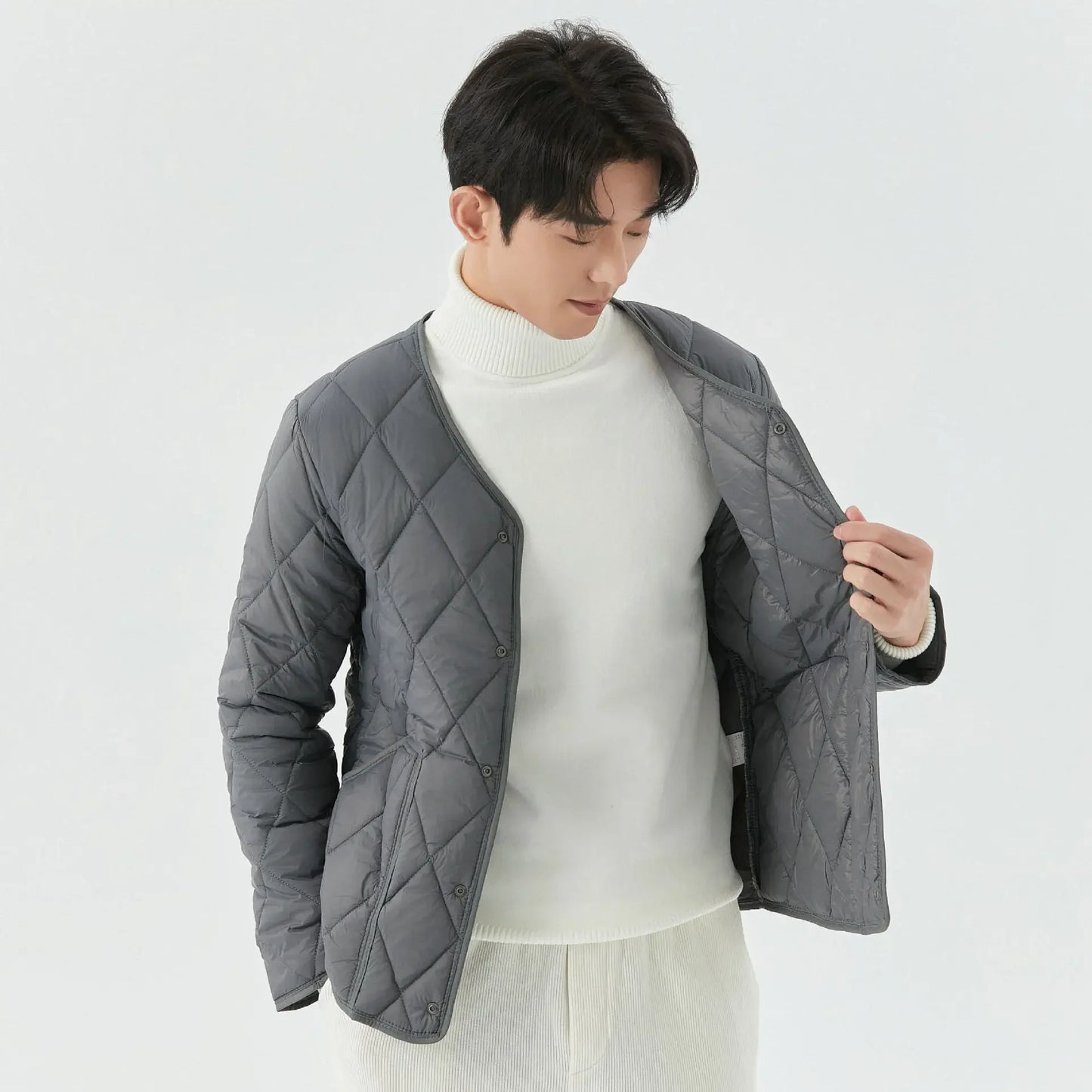 Men's Winter New Lightweight Single-breasted Padded Jacket with Pockets, Young Man Solid Color Argyle Casual Warm Padded Jacket